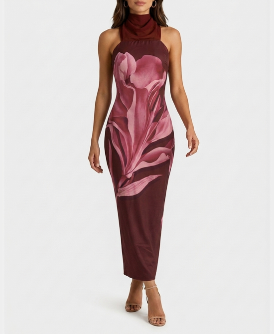 
Strapless Printed Bodycon Dress w/ Scarf in BURGUNDY MULTI view 1