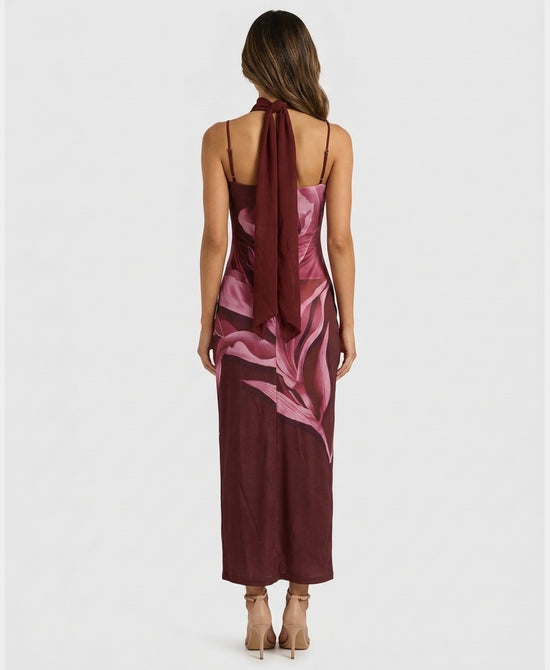 
Strapless Printed Bodycon Dress w/ Scarf in BURGUNDY MULTI view 2