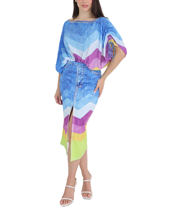 Denim Printed Ruched Crop Top & Midi Skirt Set - 2 Pc Set view 
