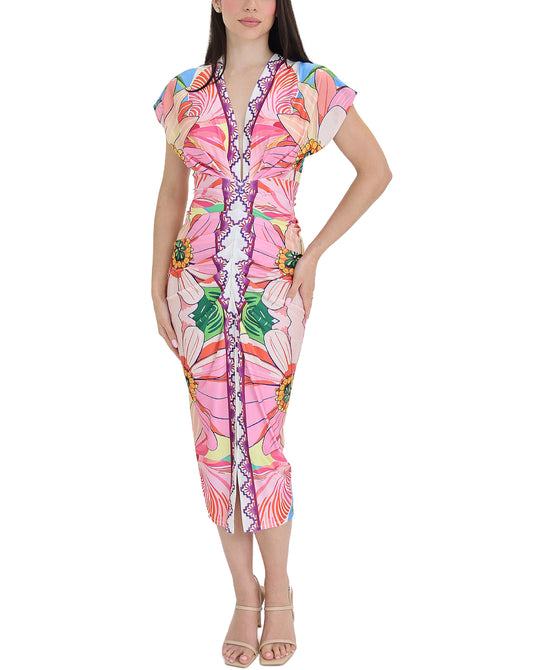 Printed Ruched Midi Dress w/ Front Slit view 