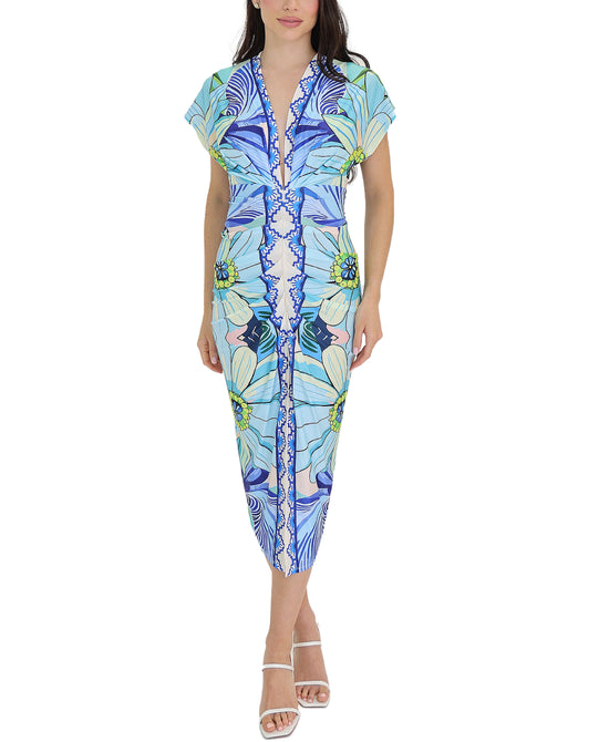 Printed Ruched Midi Dress w/ Front Slit view 
