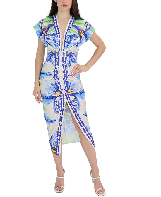 Printed Ruched Midi Dress w/ Front Slit view 