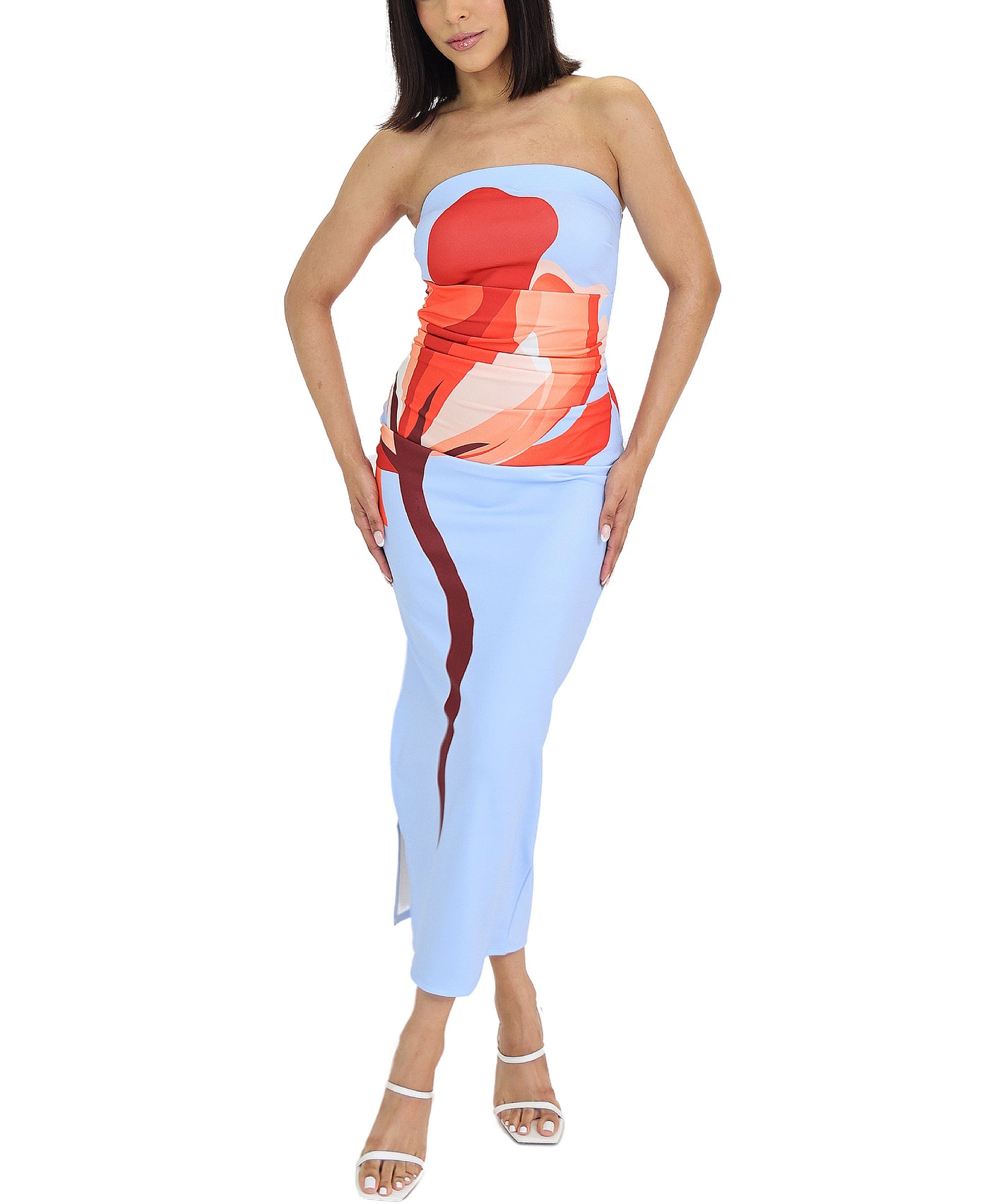 Printed Strapless Midi Dress view 1