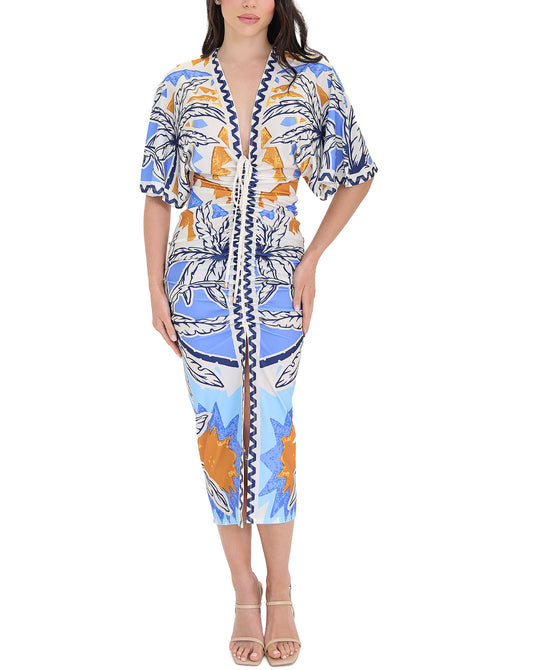 Printed Ruched Midi Dress w/ Front Slit view 