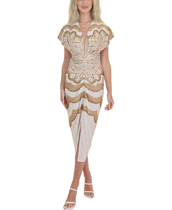Printed Ruched Midi Dress w/ Front Slit view 