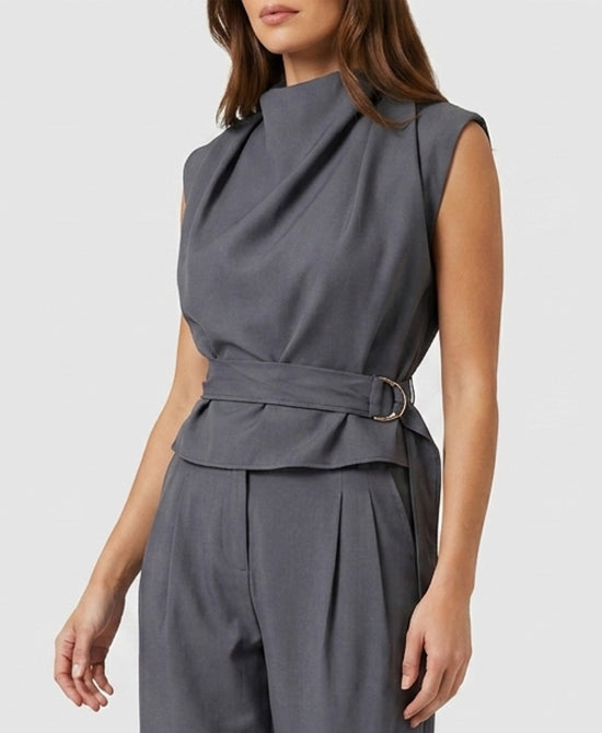 
Draped Mock Neck Blouse in DARK GREY view 1