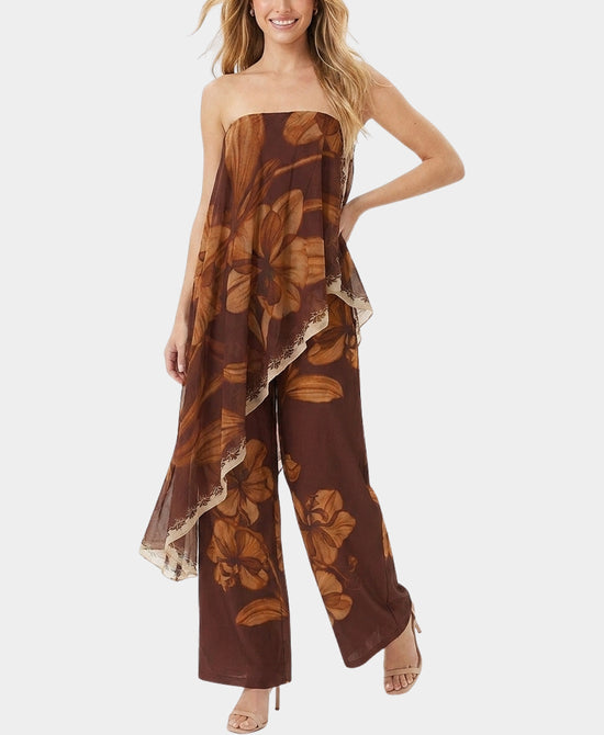 
Floral Asymmetrical Strapless Jumpsuit in BROWN view 1