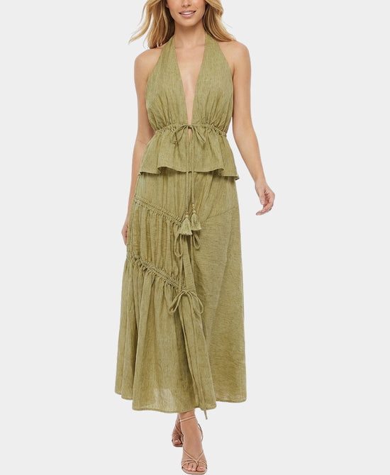 
Halter Top & Ruched Maxi Skirt - 2 Pc Set in OLIVE view 1