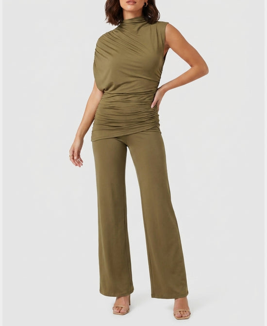 
Asymmetrical Ruched Top & Pants - 2 pc Set in OLIVE view 1