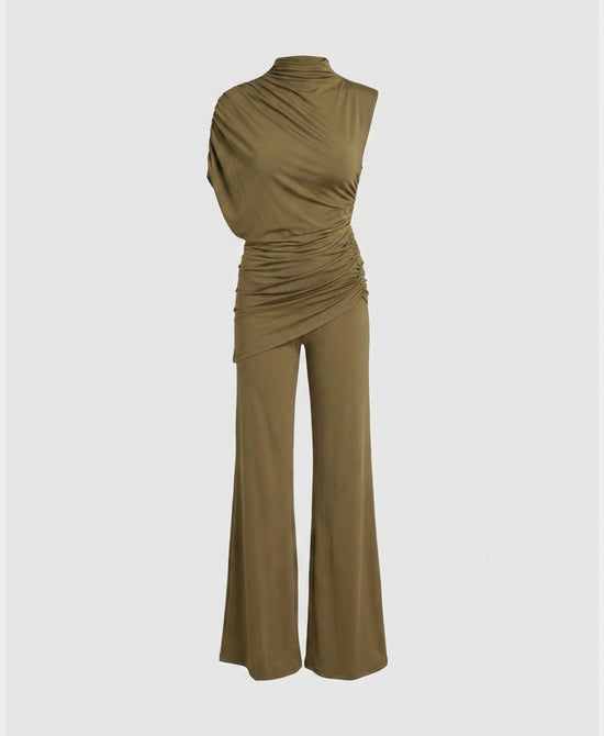 
Asymmetrical Ruched Top & Pants - 2 pc Set in OLIVE view 2