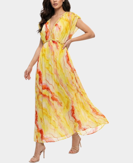 
Printed Maxi Dress w/ Braided Trim in YELLOW MULTI view 1