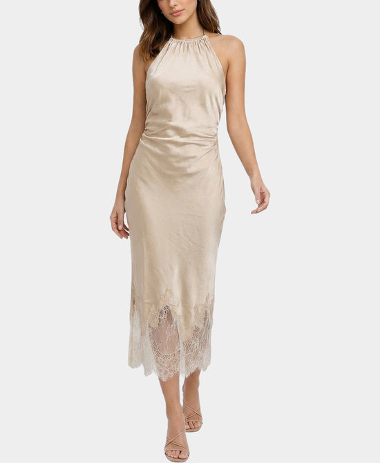 
Halter Midi Dress w/ Gold Hardware & Lace Detail in CHAMPAGNE view 1