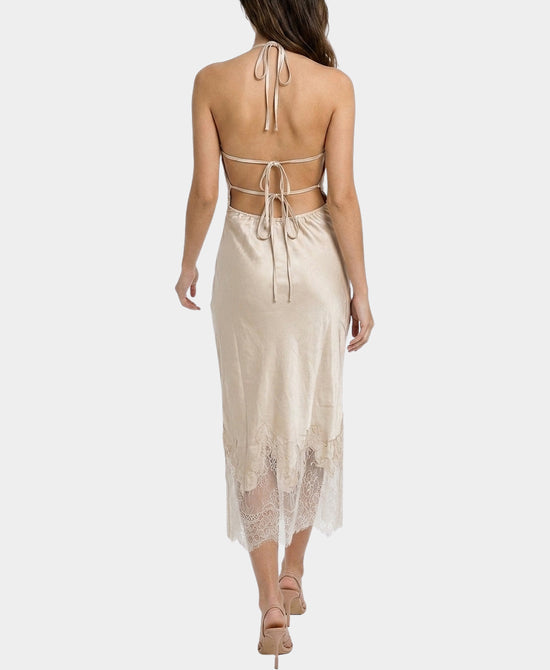 
Halter Midi Dress w/ Gold Hardware & Lace Detail in CHAMPAGNE view 2