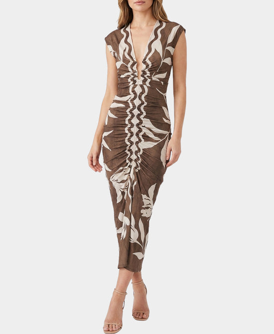 
Printed Ruched Midi Dress in BROWN view 1
