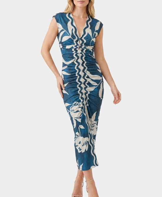 
Printed Ruched Midi Dress in TEAL view 1