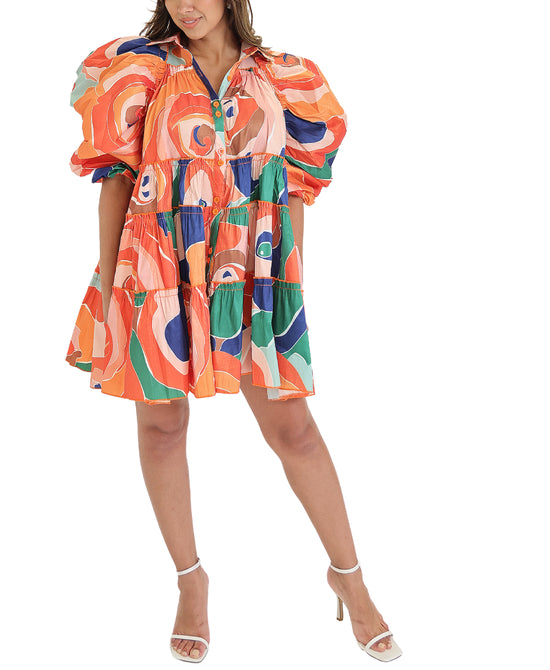 Abstract Print Puff Sleeve Dress view 1