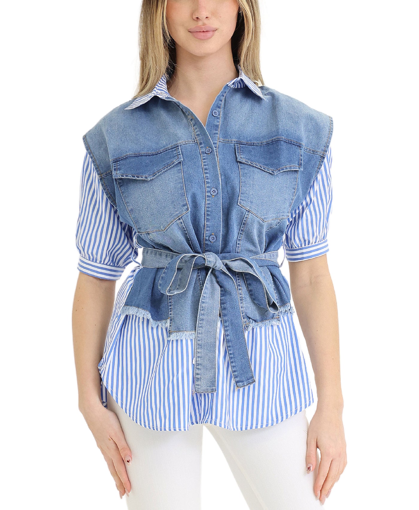 Striped Top w/ Denim Trim view 1