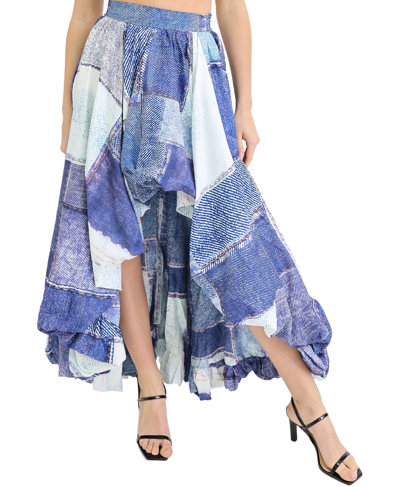 Patchwork Denim Print Hi-Low Skirt view 1