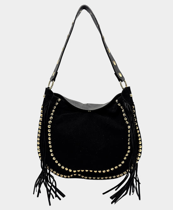 Suede & Leather Studded Fringe Handbag view 