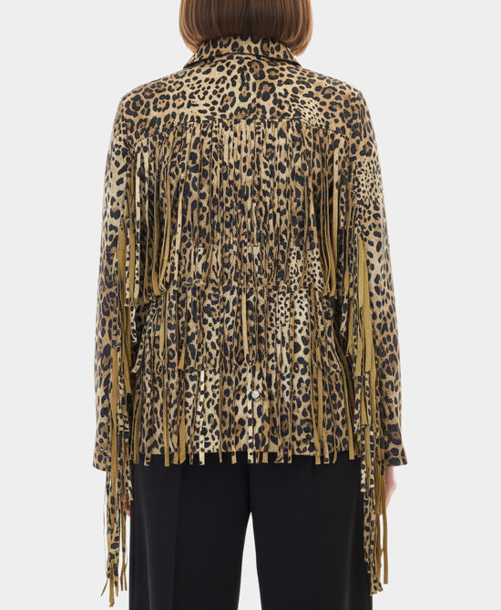 Leopard Print Faux Suede Fringe Jacket view 