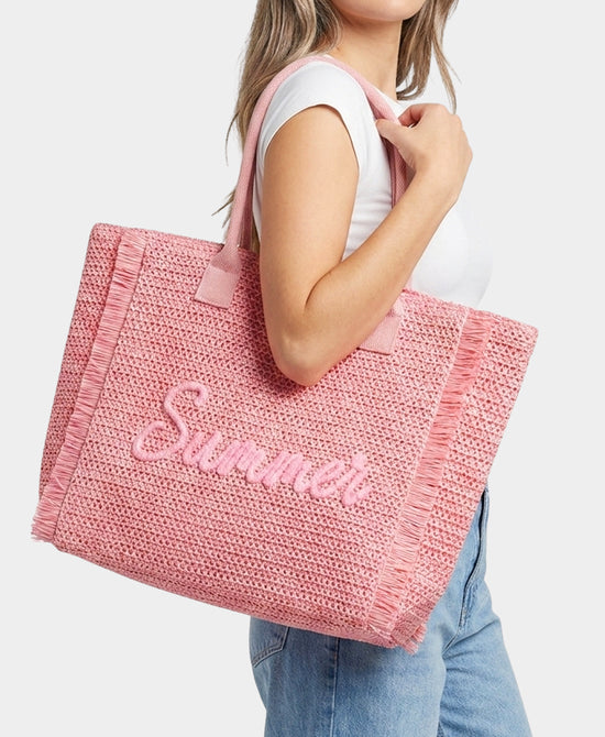 
"Summer" Straw Fringe Tote Bag in PINK view 2