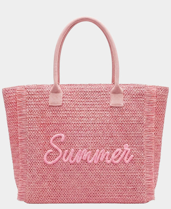 
"Summer" Straw Fringe Tote Bag in PINK view 1