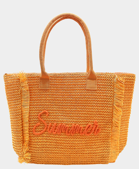 
"Summer" Straw Fringe Tote Bag in ORANGE view 1