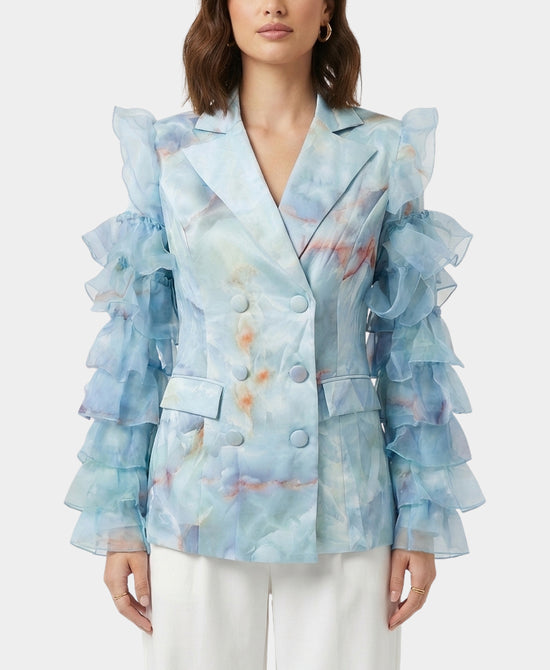 Printed Blazer w/ Tiered Mesh Sleeves view 1