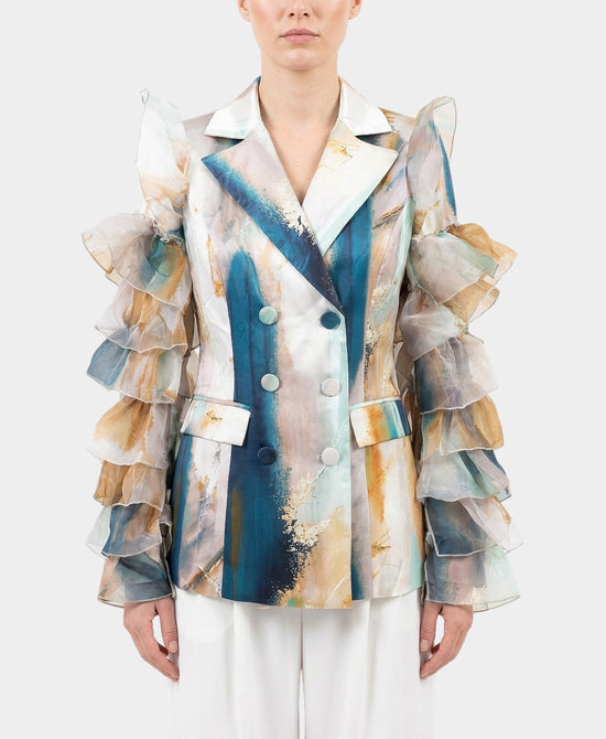 Printed Blazer w/ Tiered Mesh Sleeves view 1