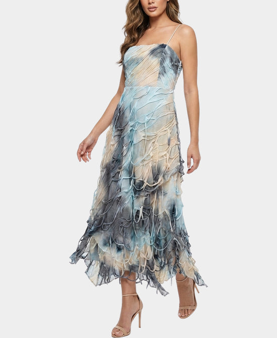 
Tie Dye Maxi Dress w/ Distressed Fringe in BLUE MULTI view 1