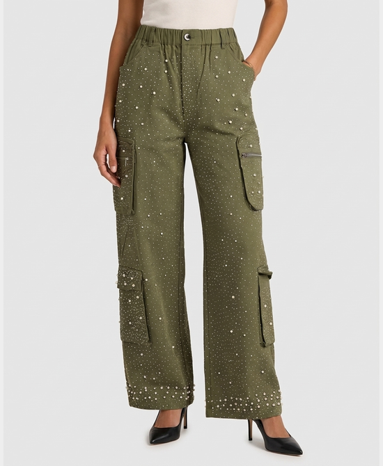 
Crystal & Pearl Embellished Cargo Pants in OLIVE view 1