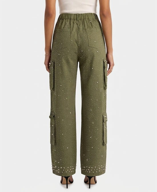 
Crystal & Pearl Embellished Cargo Pants in OLIVE view 2