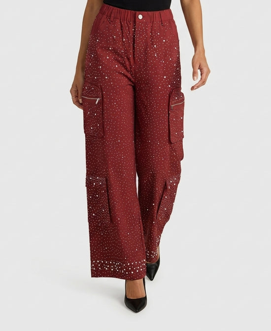 
Crystal & Pearl Embellished Cargo Pants in BURGUNDY view 1