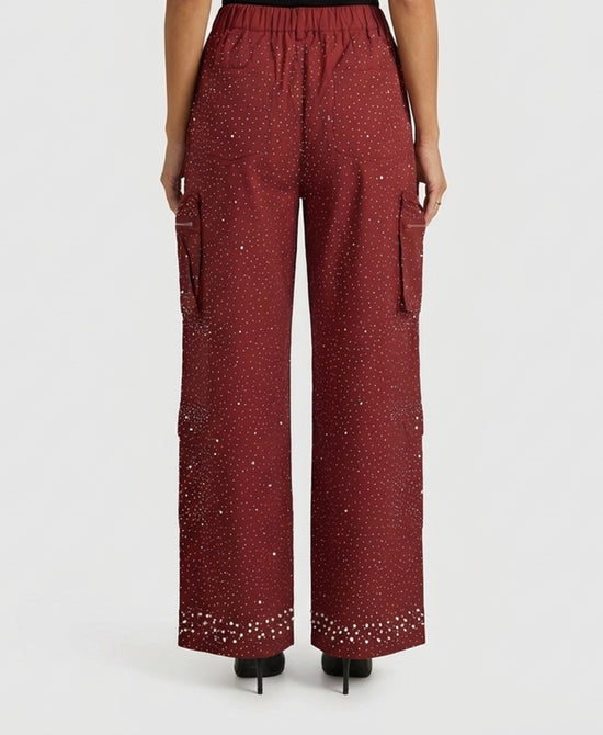 
Crystal & Pearl Embellished Cargo Pants in BURGUNDY view 2