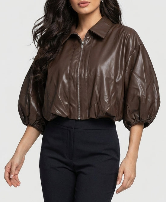 
Faux Leather Crop Jacket in BROWN view 1