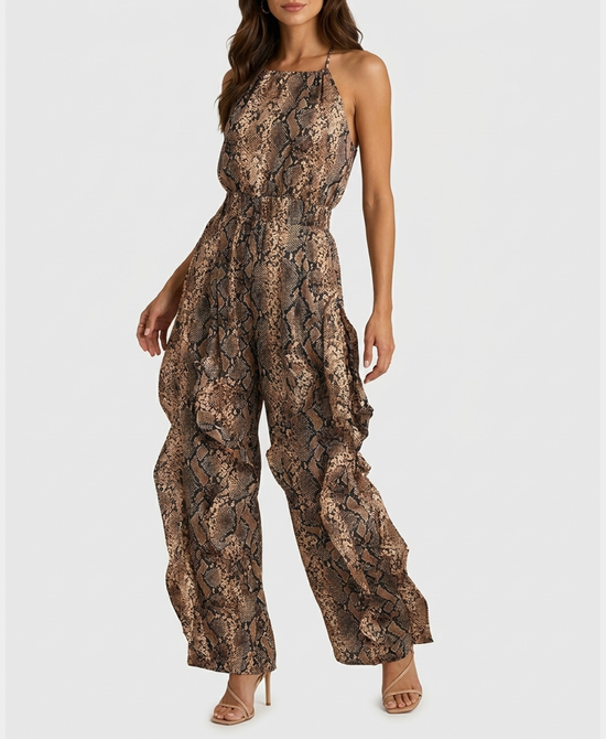 
Ruffle Halter Jumpsuit in BROWN SNAKE view 1