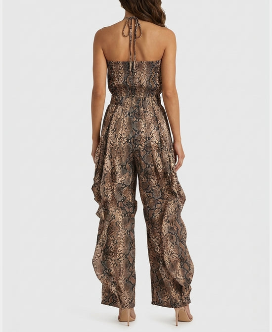 
Ruffle Halter Jumpsuit in BROWN SNAKE view 2