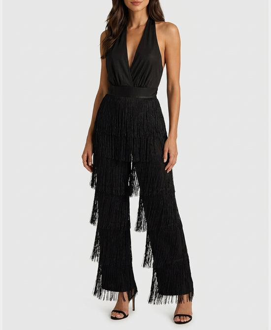 
Tiered Fringe Halter Jumpsuit in BLACK view 1