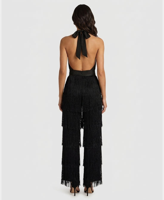 
Tiered Fringe Halter Jumpsuit in BLACK view 2