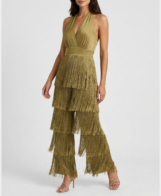 
Tiered Fringe Halter Jumpsuit in BRONZE view 1