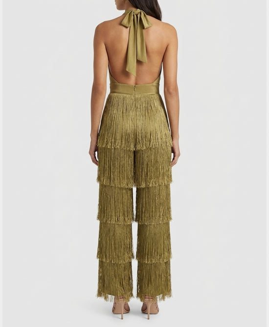 
Tiered Fringe Halter Jumpsuit in BRONZE view 2