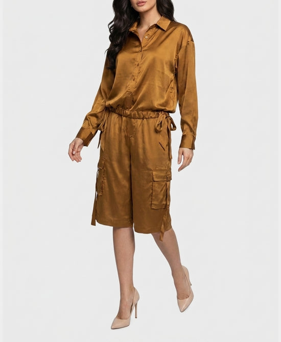 
Blouse & Cargo Capri Pant Set- 2 Pc Set in BROWN view 1