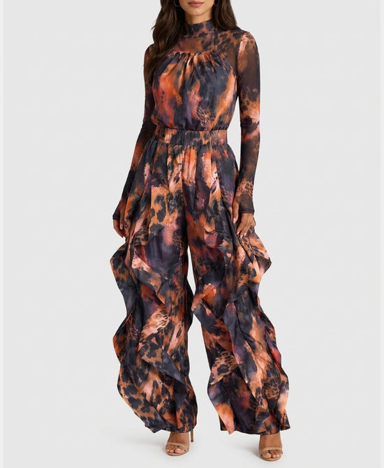
Ruffle Halter Jumpsuit w/ Mesh Top- 2 Pc Set in MULTI view 2