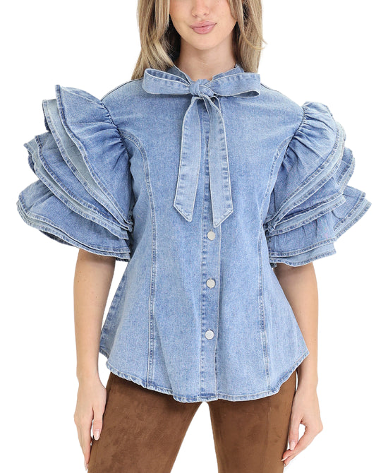 Denim Shirt w/ Tiered Ruffle Sleeves view 