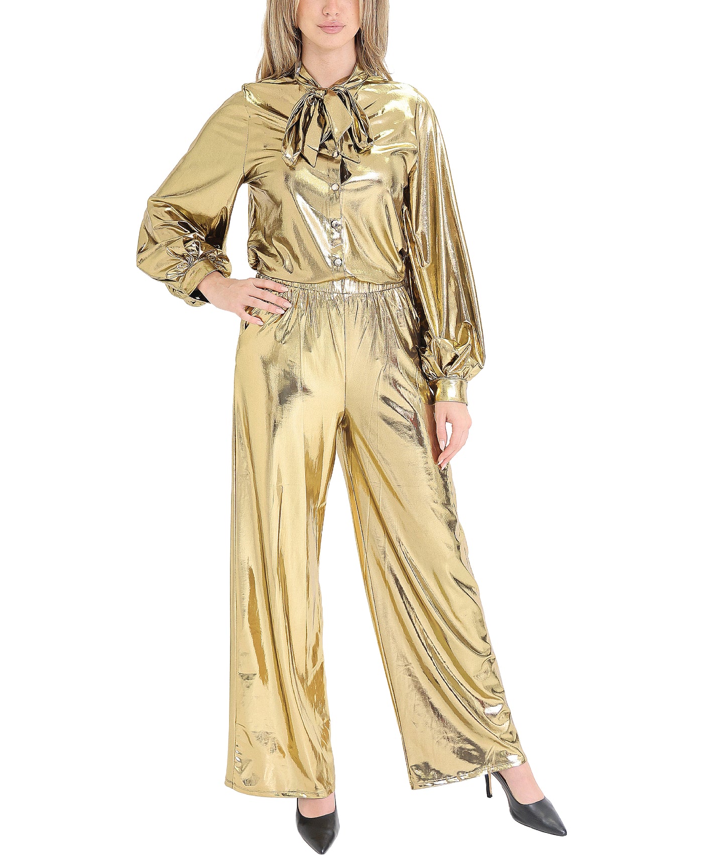 Gold Metallic Blouse & Pants Set- 2 Pc Set view 1