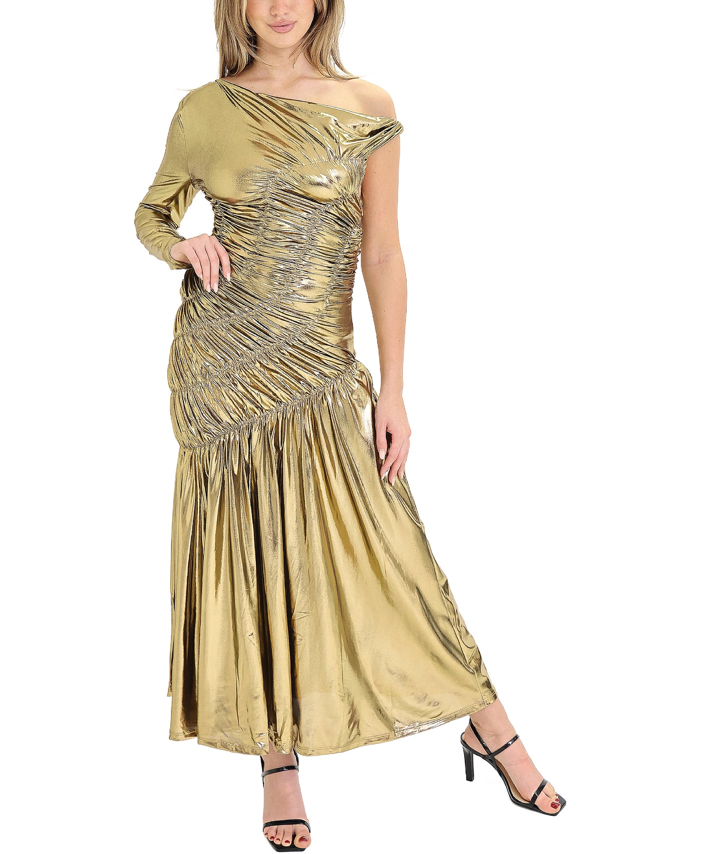 One Shoulder Metallic Maxi Dress view 1