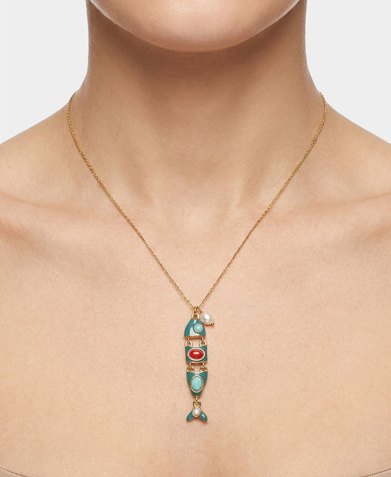 
Natural Stone Fish Pendant Necklace in MULTI view 1