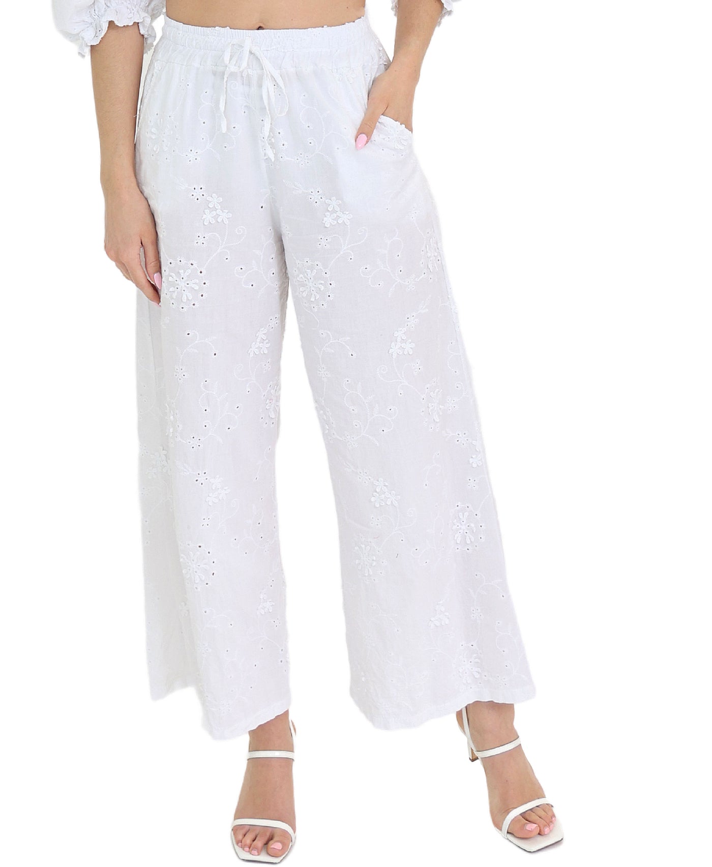 Eyelet Pants w/ Floral Embroidery view 1