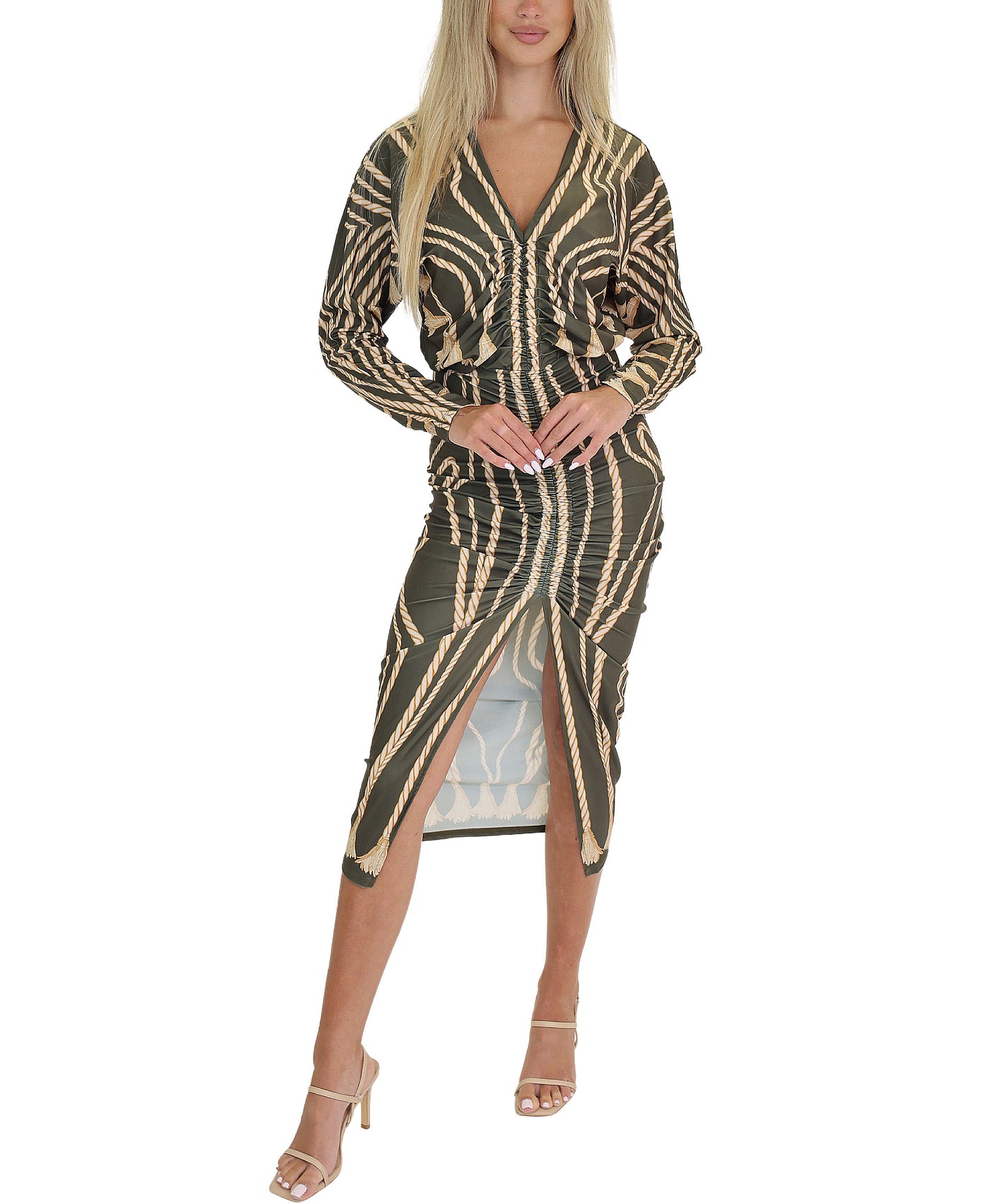 Printed Ruched Midi Dress w/ Front Slit view 1