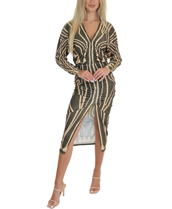 Printed Ruched Midi Dress w/ Front Slit view 